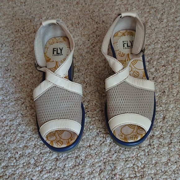 FLY London yace wedge Heels Open Toe Sandals offwhite & blue size 37